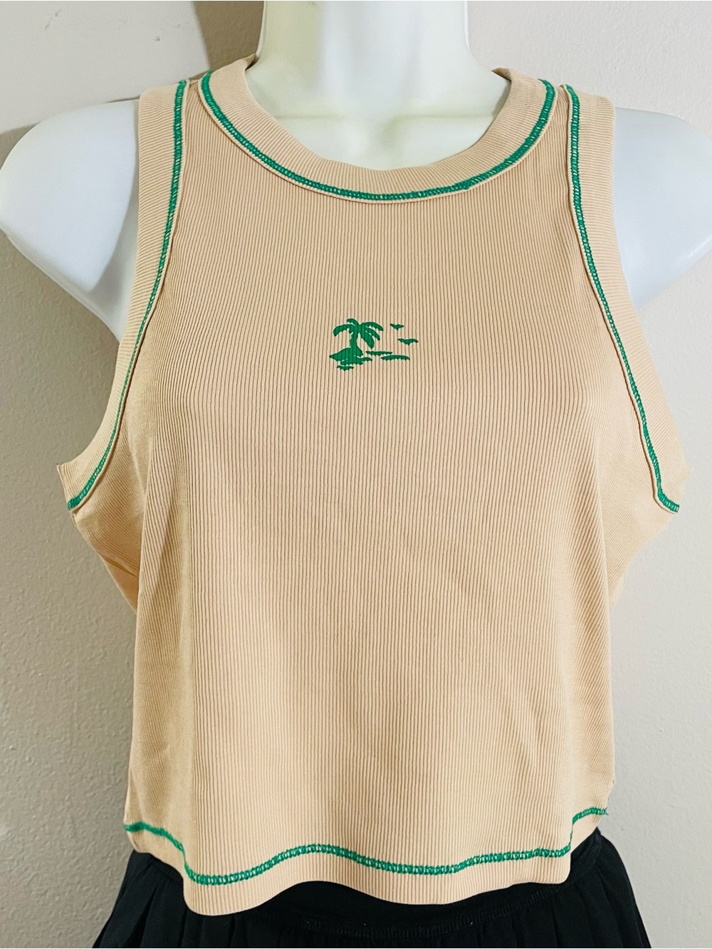 Madewell Beige Ribbed Tank with Green Contrast Trim Sz Med NWOT